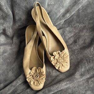 Donald J. Pliner Tan Slingback Flats with Floral Accent